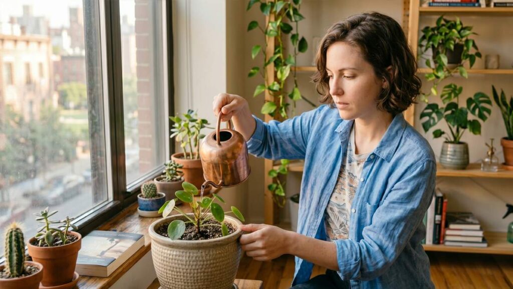 Beginner watering indoor plants with watering can