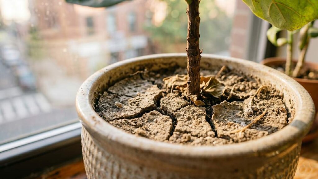 Close-up of dry indoor plant soil in ceramic pot