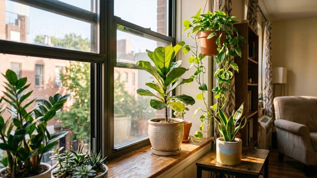 Indoor plants near sunny apartment window