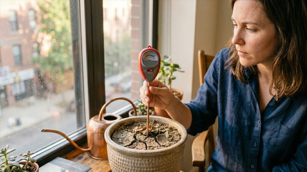 Person using moisture meter on indoor plant